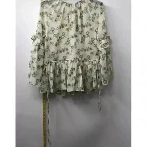 Walter Baker Women's L Green Floral Ruffle Chiffon Top Long Sleeve NWT Cottage